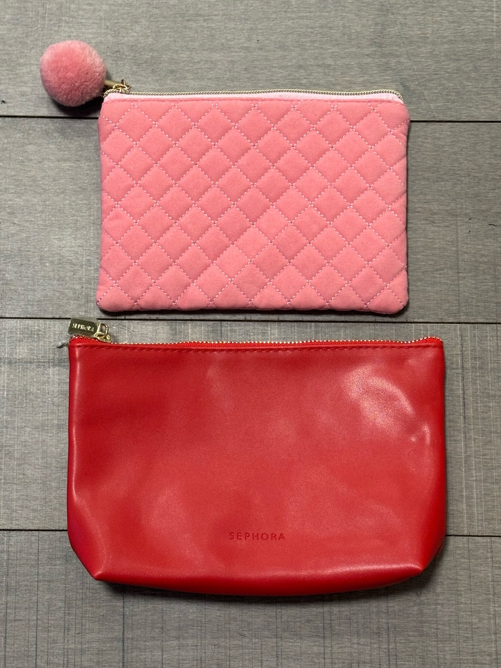 ♠️2 Cosmetic Bags♠️Red Sephora & Pink Quilted Pom-Pom Pouch-NWOT